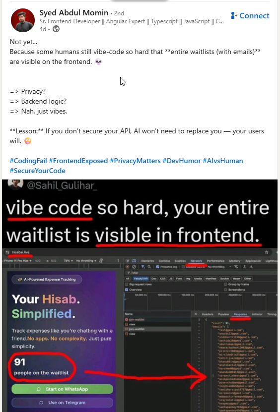 LinkedIn post about AI coding challenges